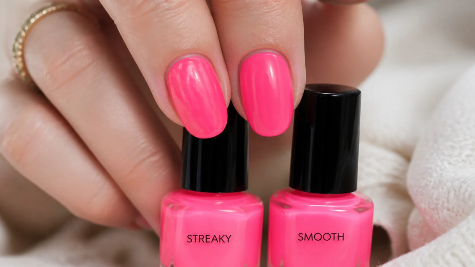 Close-up comparison of a streaky patchy neon nail beside a smooth even one