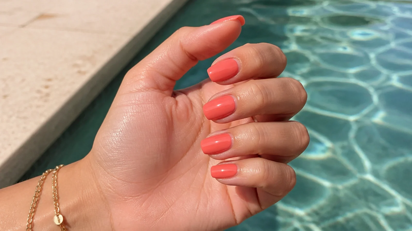 Bright coral summer nails beside a pool showing the free edge sealed with top coat