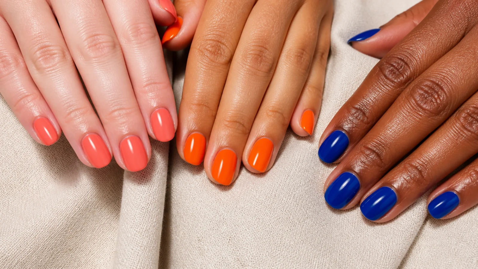 Three hands in fair, olive and deep skin tones wearing coral, tangerine and cobalt bright nails