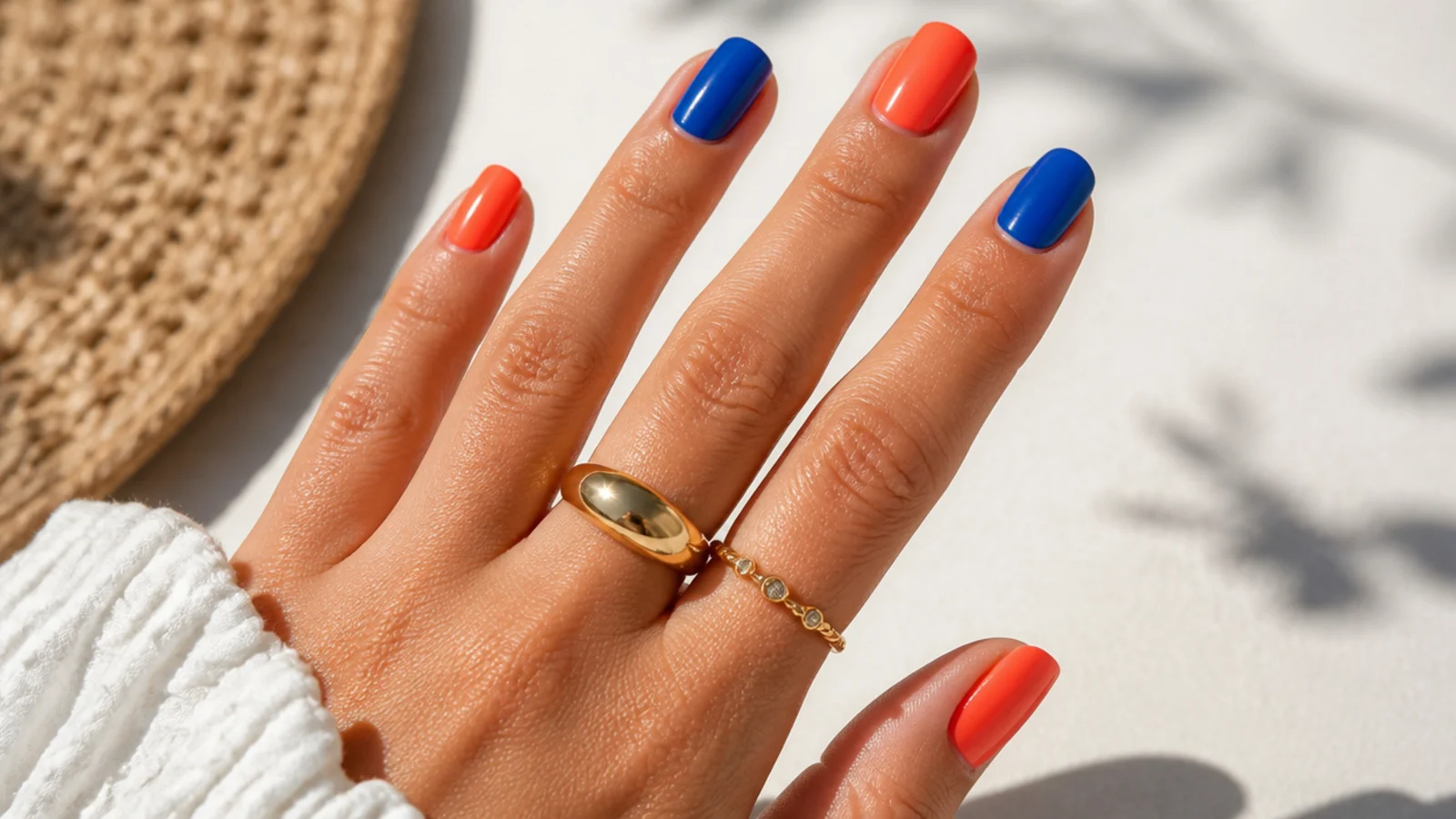 Bright summer nails photographed in direct sun showing coral and cobalt staying vivid