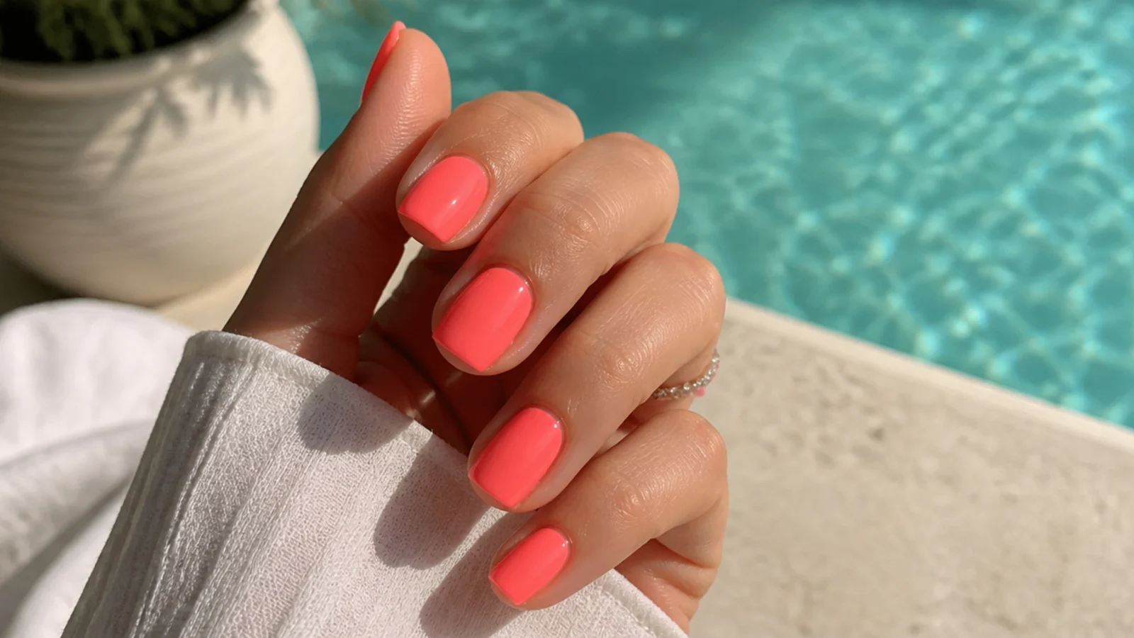 Bright neon coral summer nails on short square tips against a poolside background