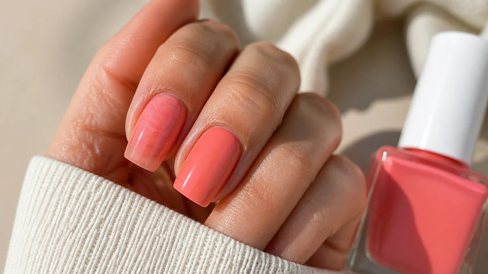 Two neon coral nails compared, one sheer and streaky over bare nail and one solid over a white base