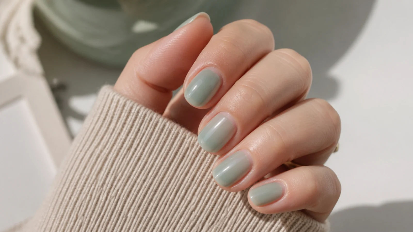 Short round nails in translucent sea glass green-blue jelly with a soft frosted gloss