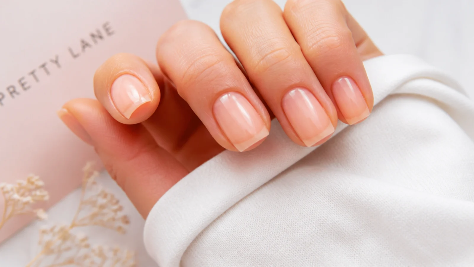 Short square nails in a milky peach jelly wash with a soft translucent tip
