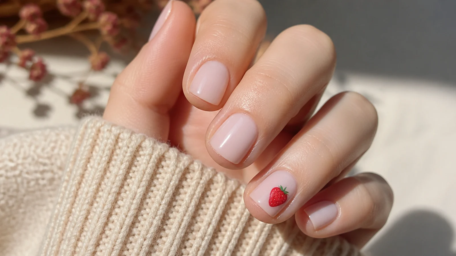Short square nails in milky pink with a single tiny red strawberry painted on one accent nail