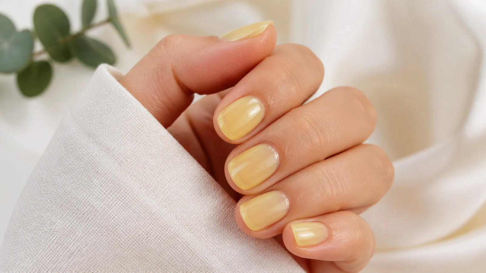 Short round nails in a sheer translucent lemon yellow jelly with a bright glossy finish