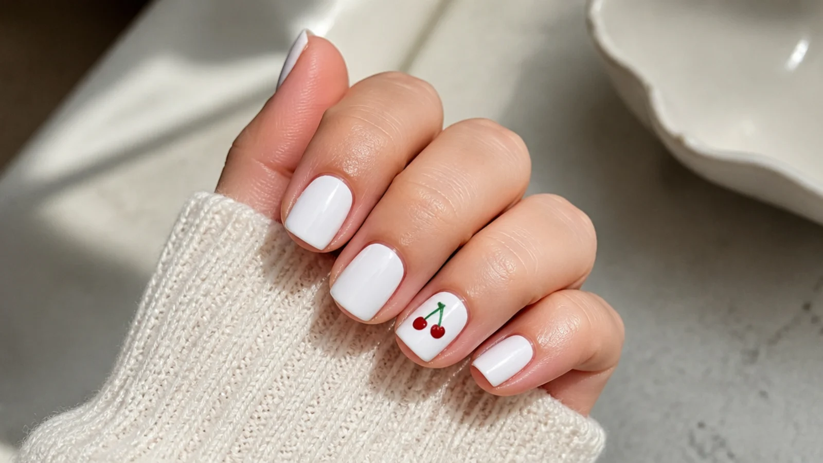 Short square nails in glossy white with two tiny red cherries and a green stem on one accent nail