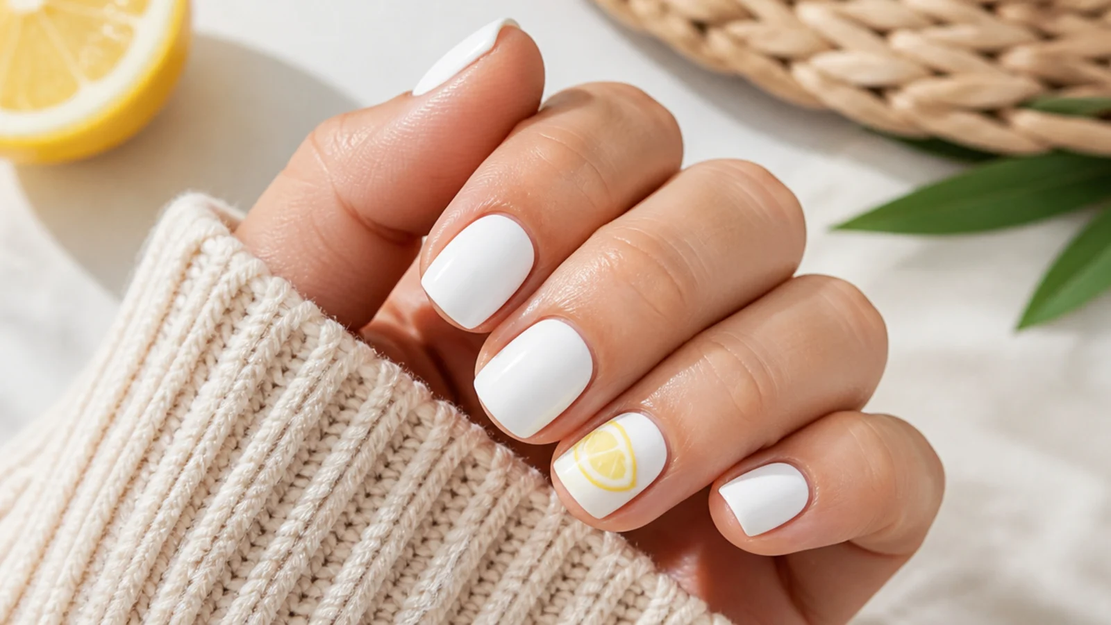 Short square nails in white with a single painted lemon slice wedge on one accent nail