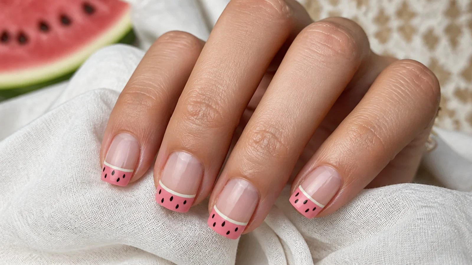 Short square nails with a pink tip, thin white band and tiny black seed dots like a watermelon slice