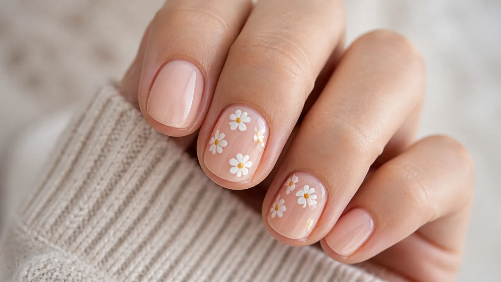 Short round nails in sheer nude with small white five-petal daisies and yellow centers scattered on two nails