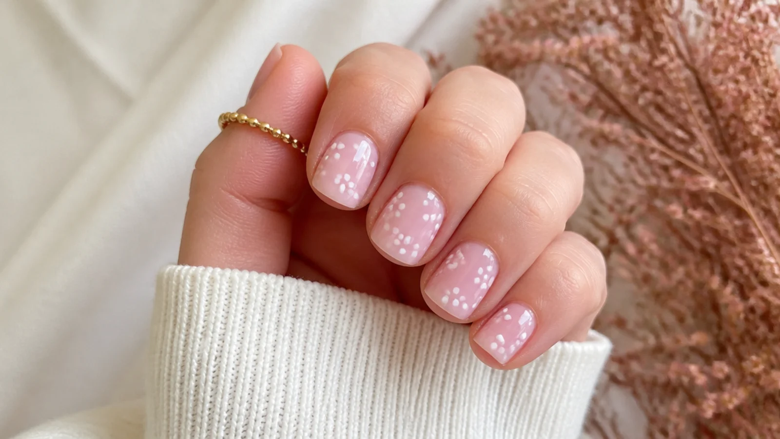 Short square nails in soft pink with tiny white five-dot flowers scattered across all nails