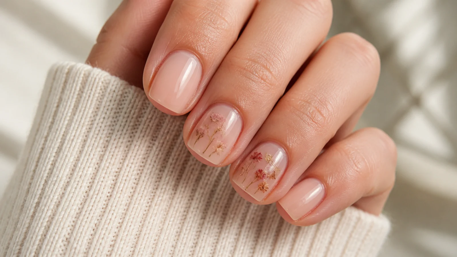 Short square nails in sheer nude with tiny dried wildflower petals sealed under a glossy overlay on two nails