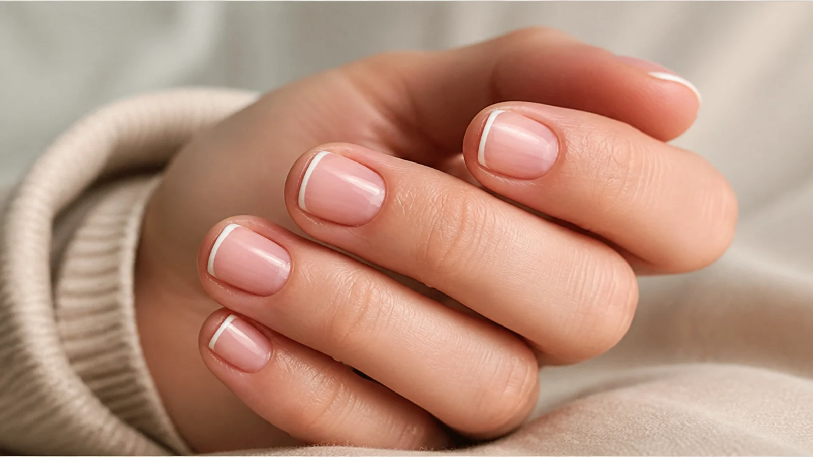 Short square nails with a hairline white micro French tip on a bare natural nail
