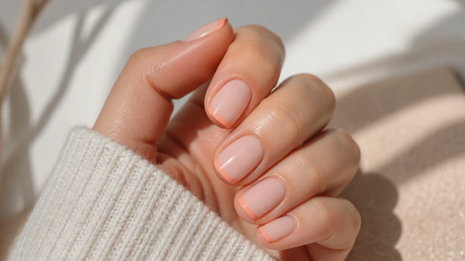 Short square nails with a thin coral micro French tip on a sheer nude base