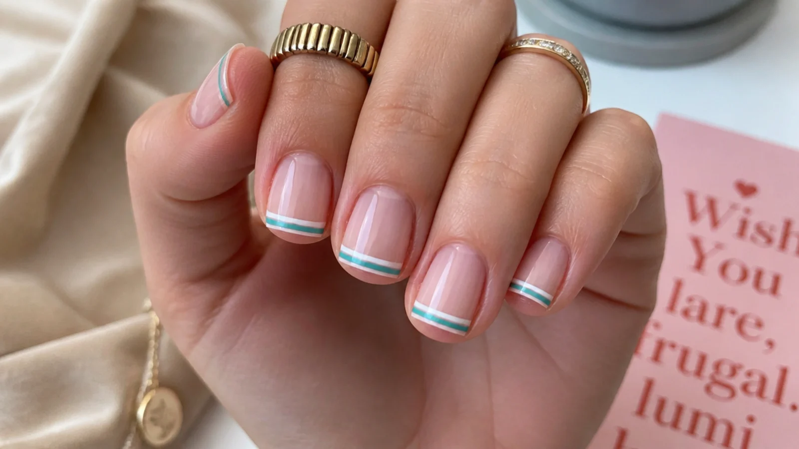Short square nails with two thin parallel French tip lines in white and aqua over a bare nail