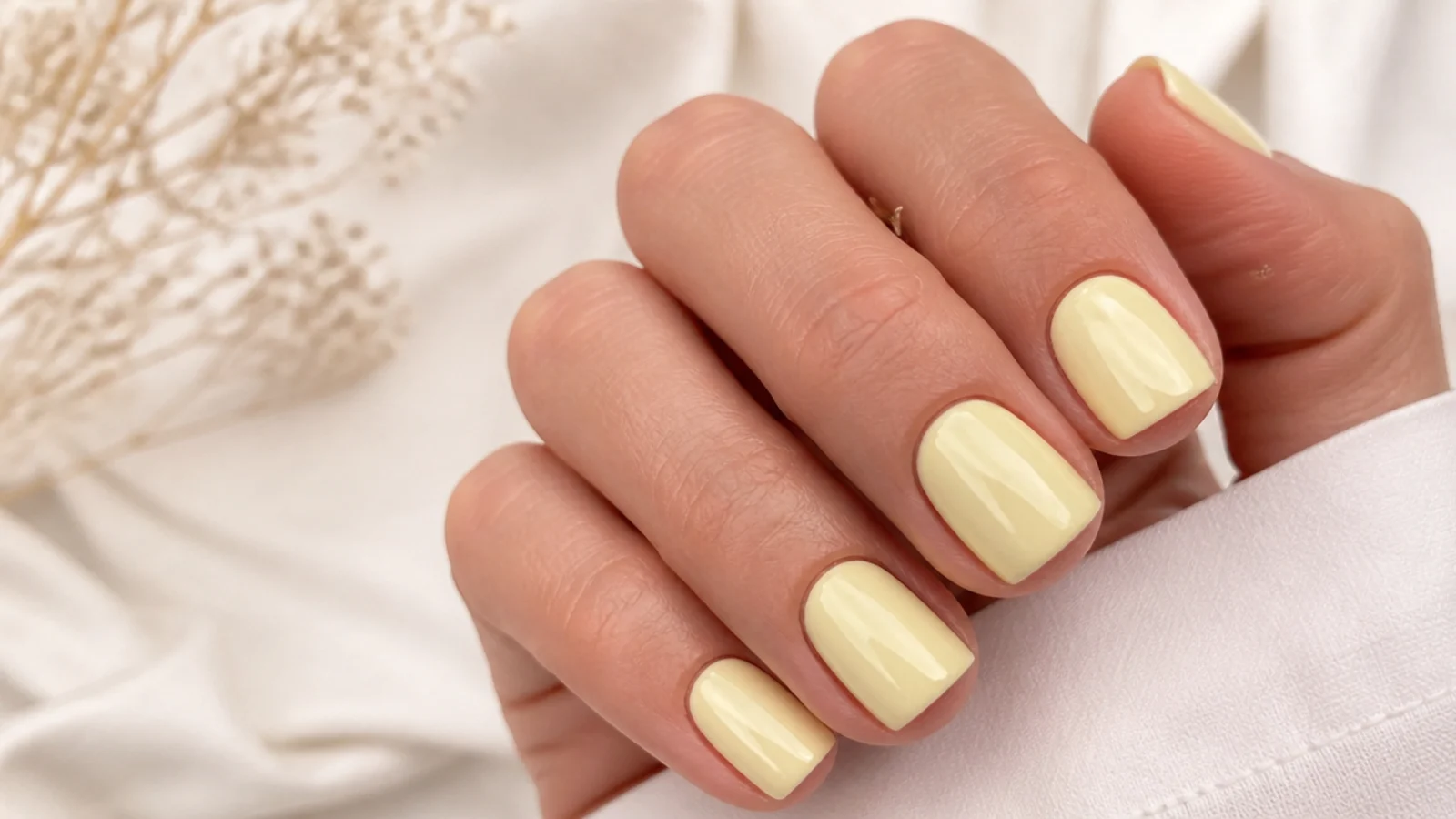 Short square nails in an opaque soft butter yellow cream with a high gloss finish