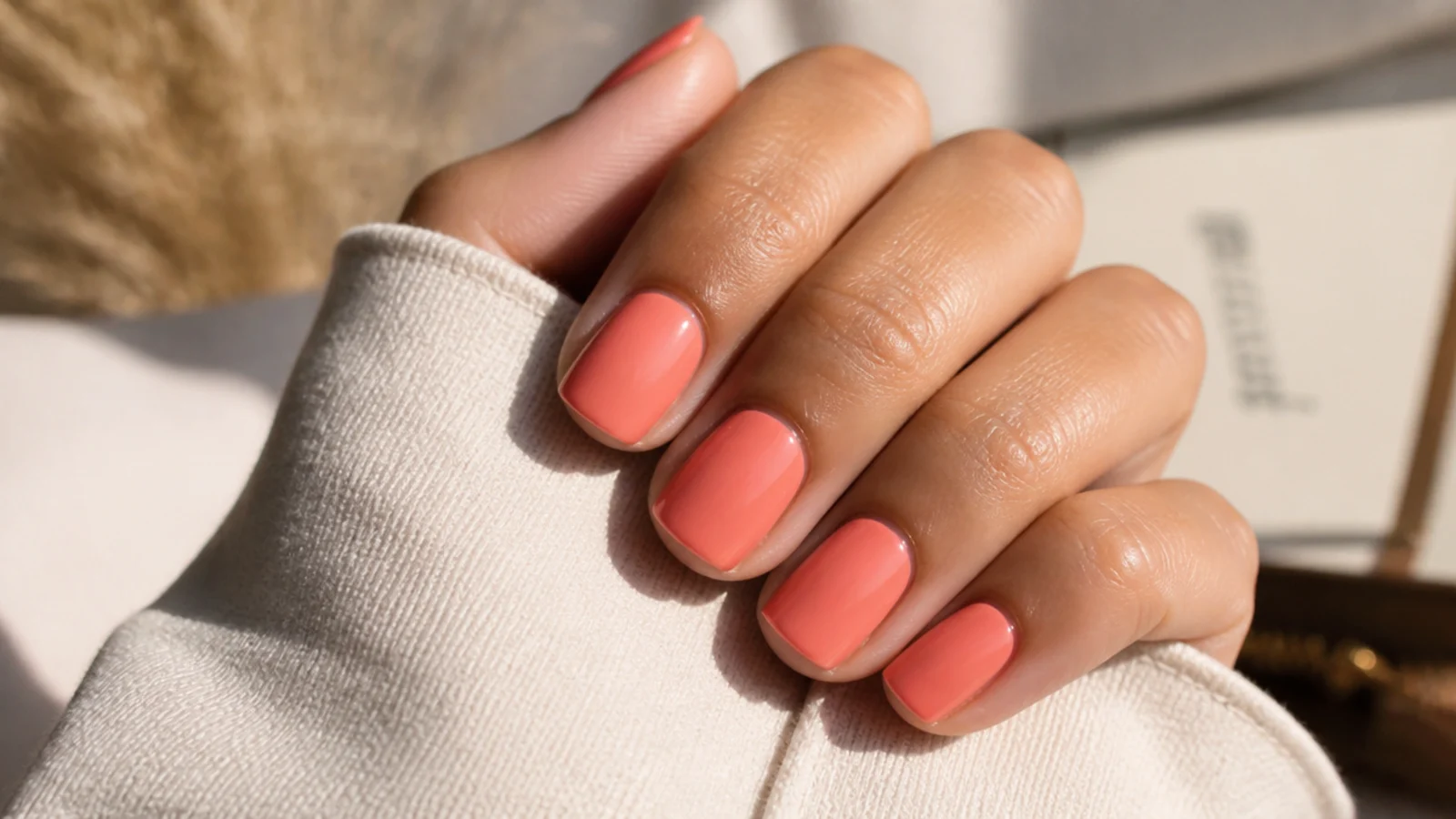 Short square nails in a warm opaque coral cream with a glossy finish on tan skin