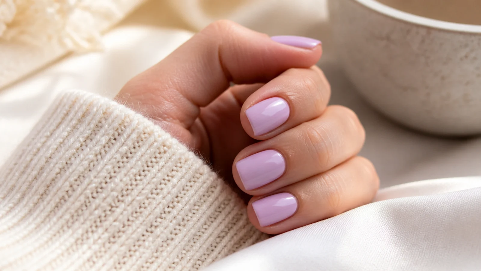 Short square nails in a soft pastel lilac cream with a smooth glossy finish