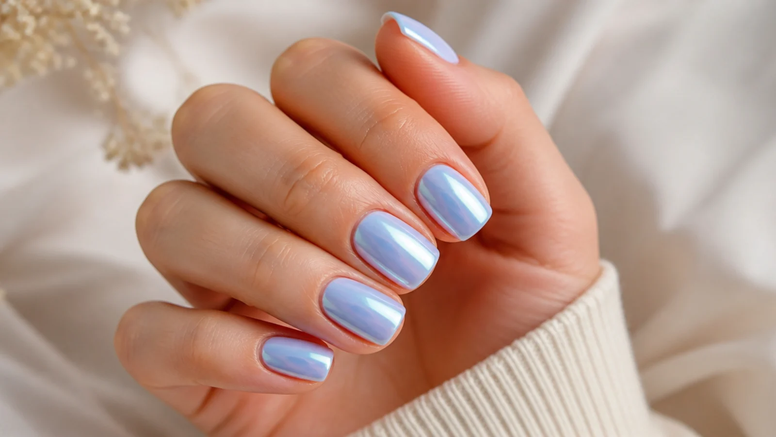 Short square nails in a pale sky blue chrome with a soft mirror sheen