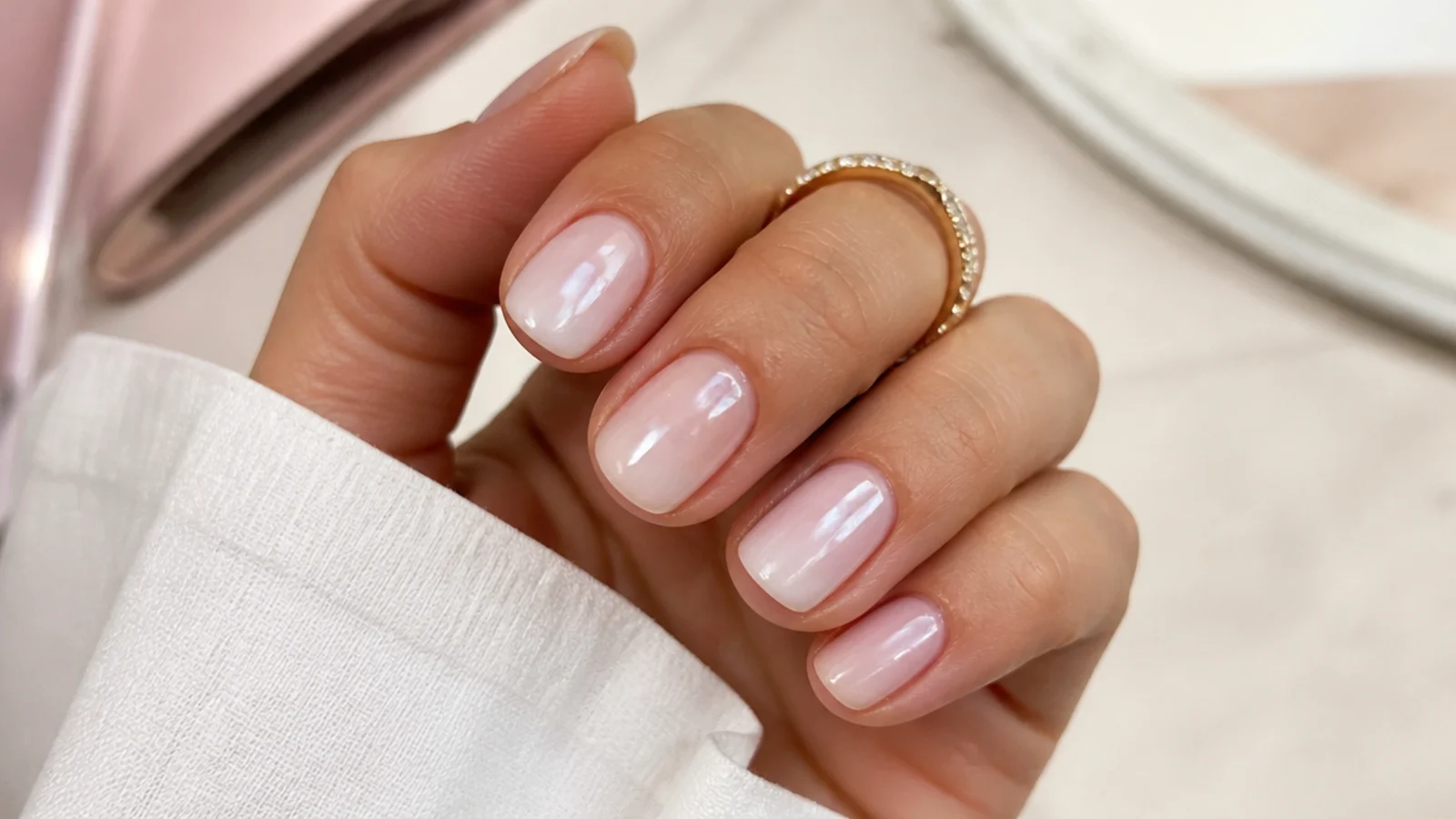 Short round nails with a soft pearl aura halo airbrushed into the center of a milky base