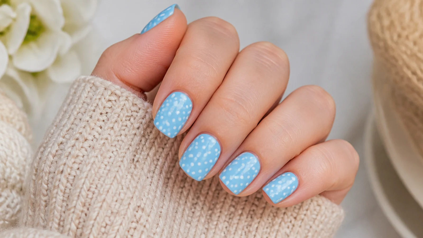 Short square nails in sky blue with evenly spaced small white polka dots across each nail