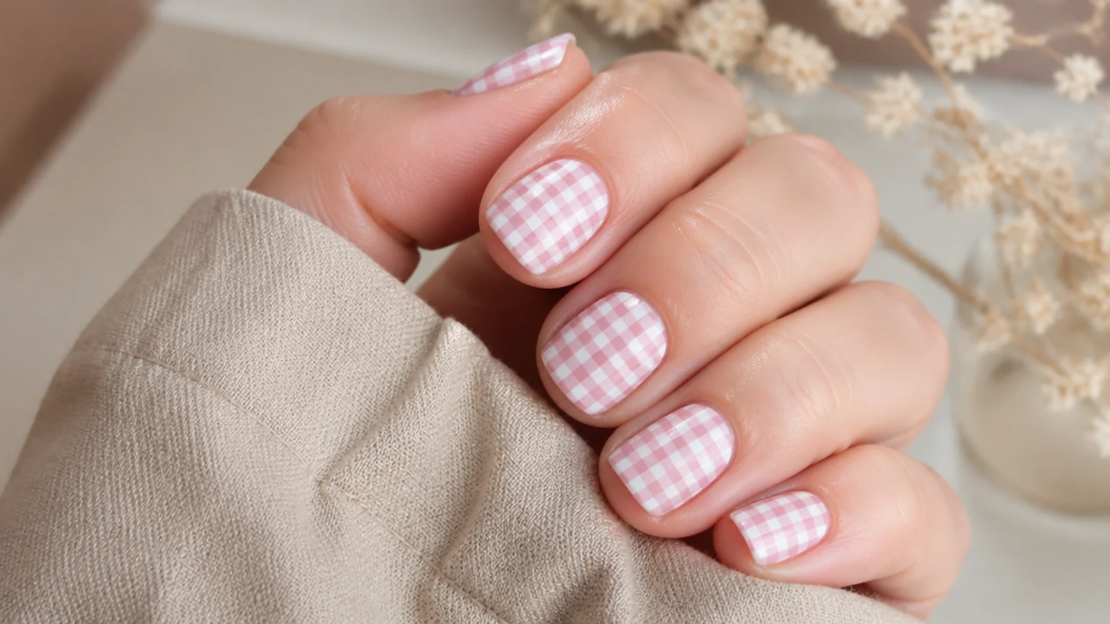 Short square nails with a pink and white gingham check pattern painted in thin crossed stripes
