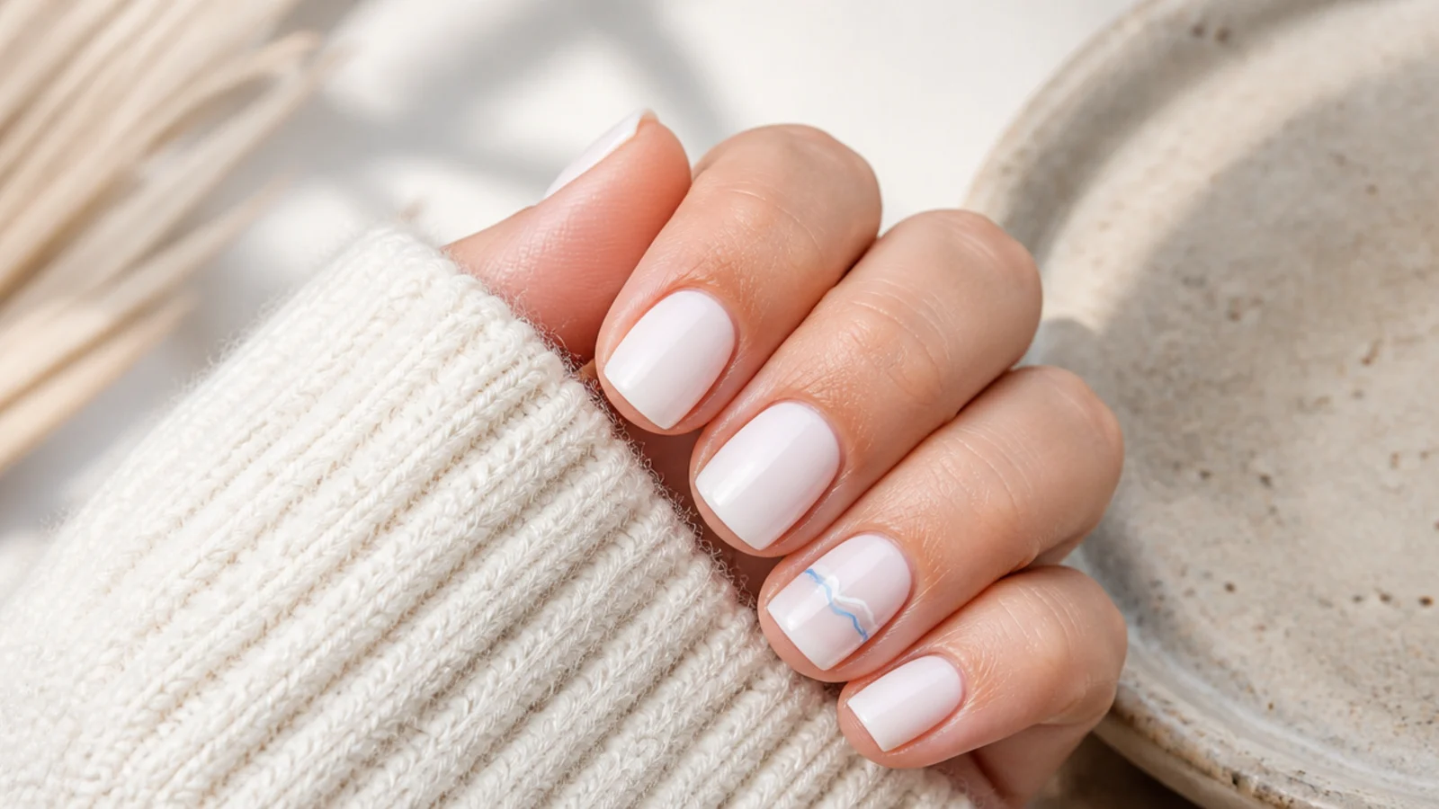 Short square nails in milky white with a single thin blue and white ocean wave line on one accent nail