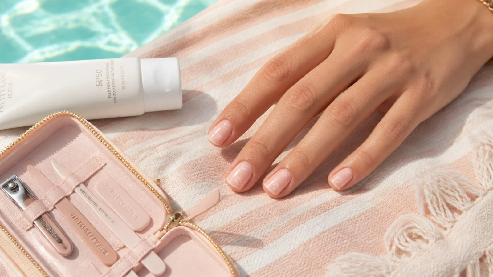 Short nails at the edge of a pool with sunscreen and a small nail repair kit on a towel