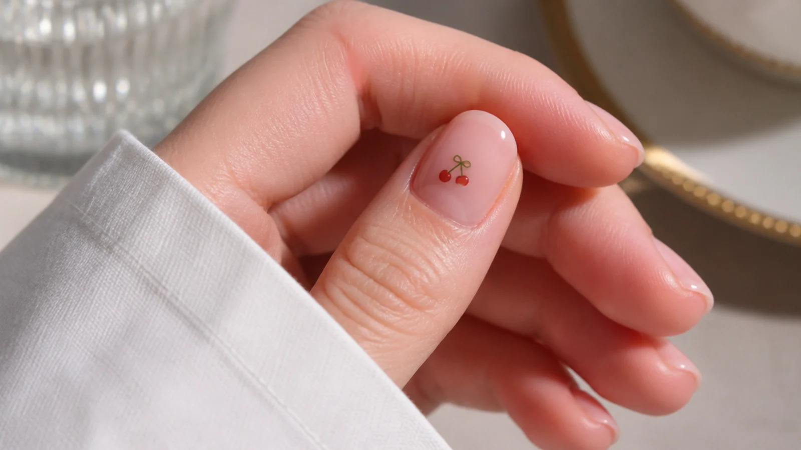 Close-up of a short nail with a single small cherry and a sheer jelly base showing correct scale