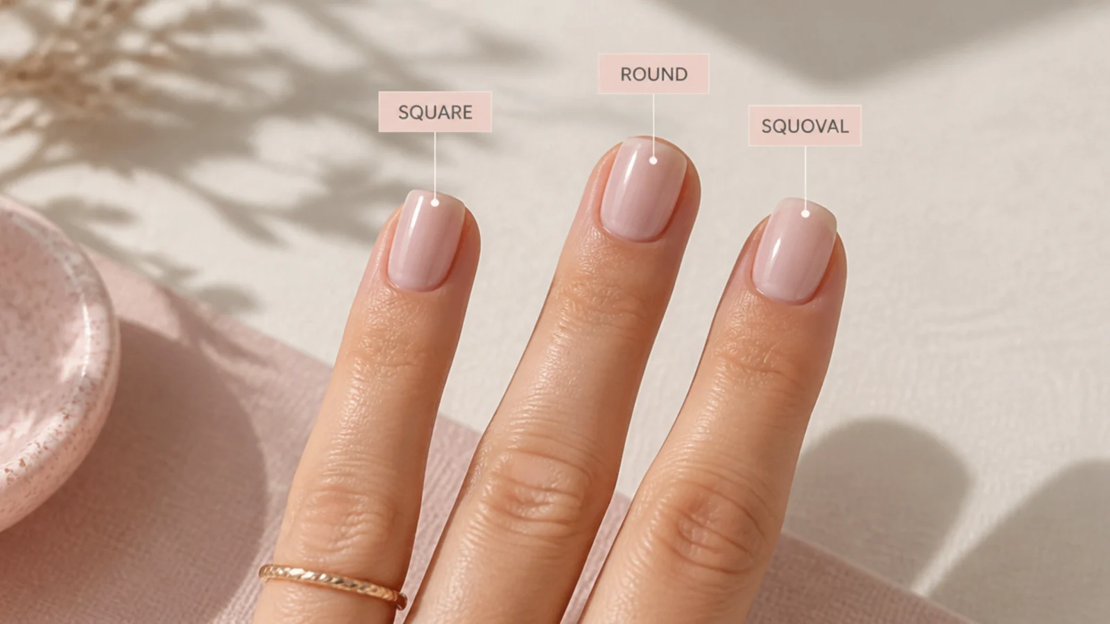 Three short nail shapes compared side by side, square, round and squoval, on the same hand