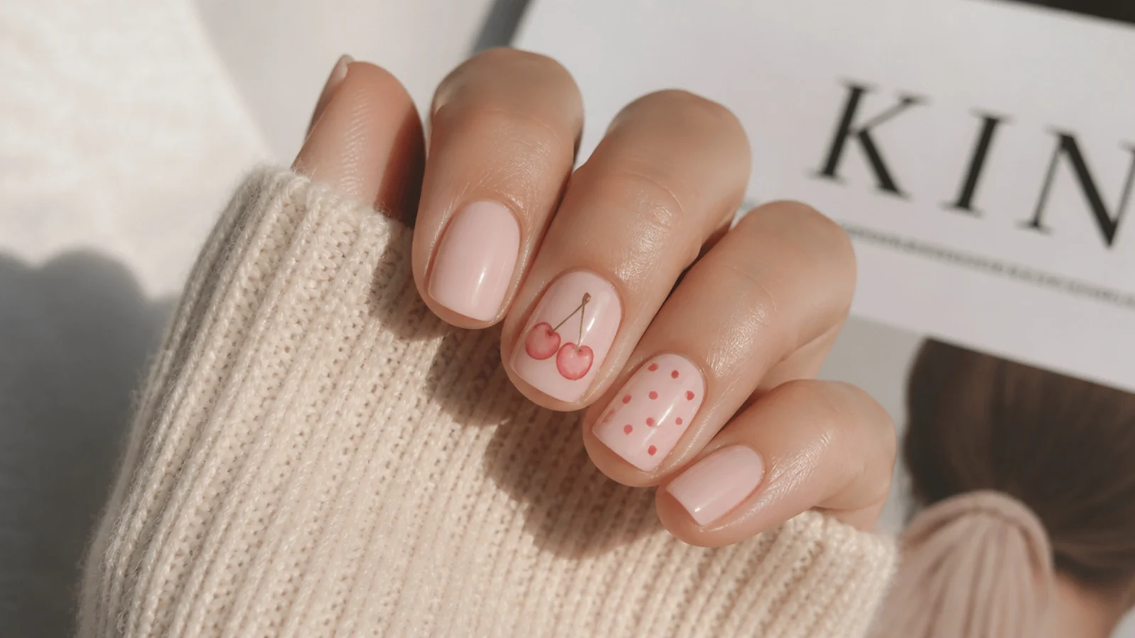 Two short accent nails compared, one with a bled smudged cherry and one with clean crisp dots