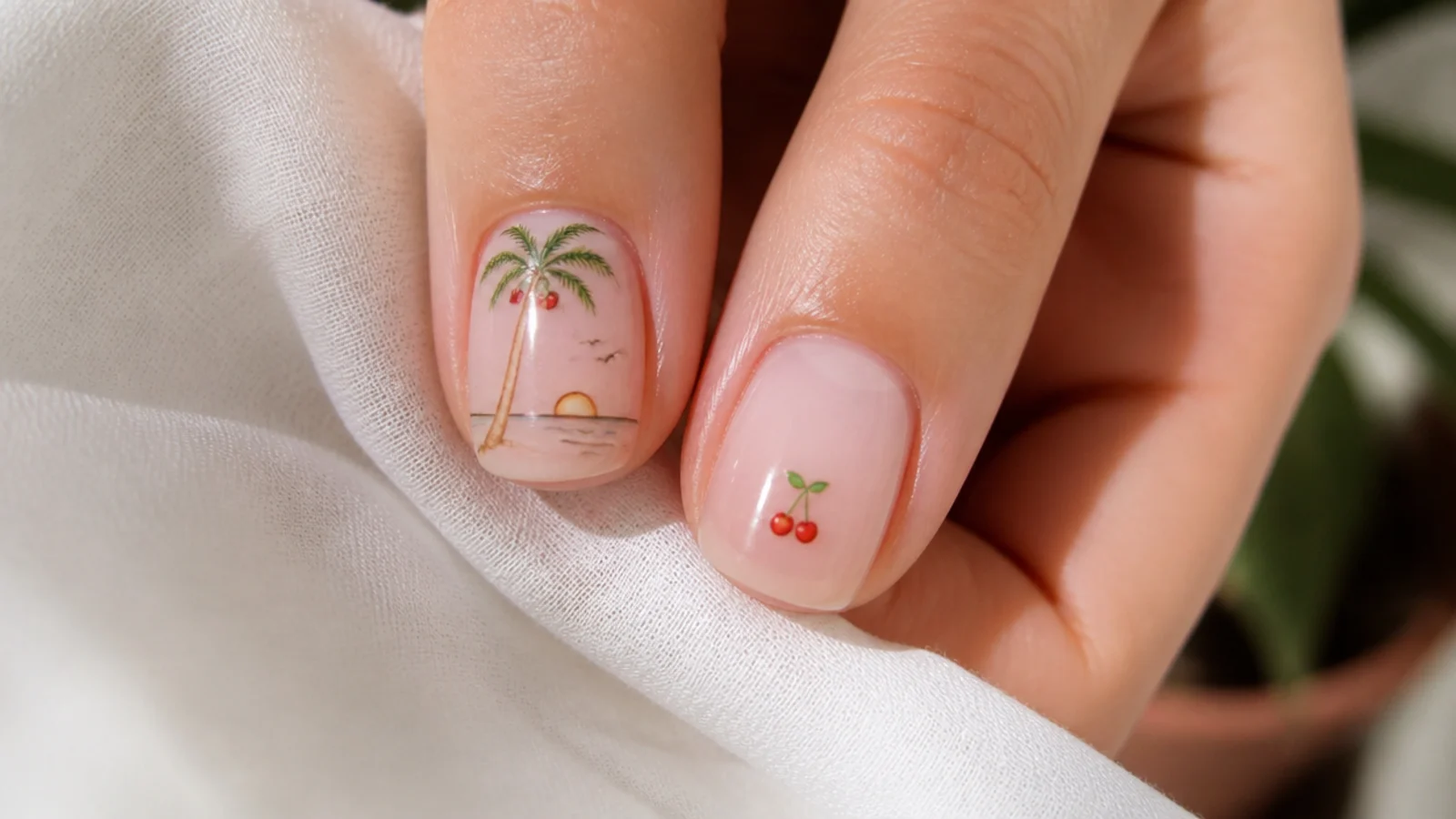 Two short nails compared, one with a crowded full-nail palm scene and one with a single clean micro cherry