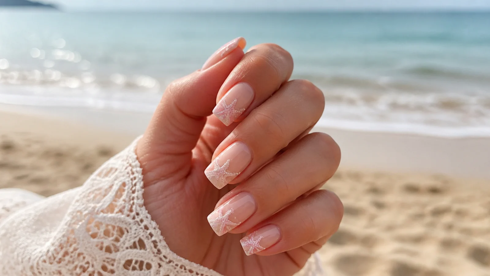 A finished beach manicure held near sand and water showing a sealed capped free edge