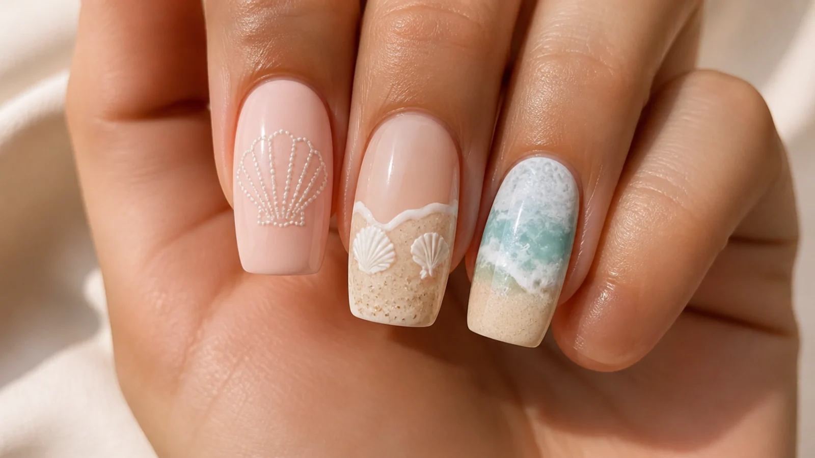 Three beach nail designs lined up from a simple dotted shell to a full sponged ocean scene