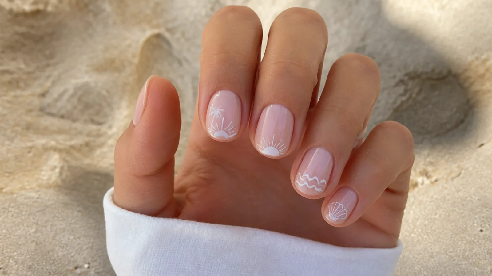 Bare short nails filed to a soft squoval with cuticles pushed back before beach nail art