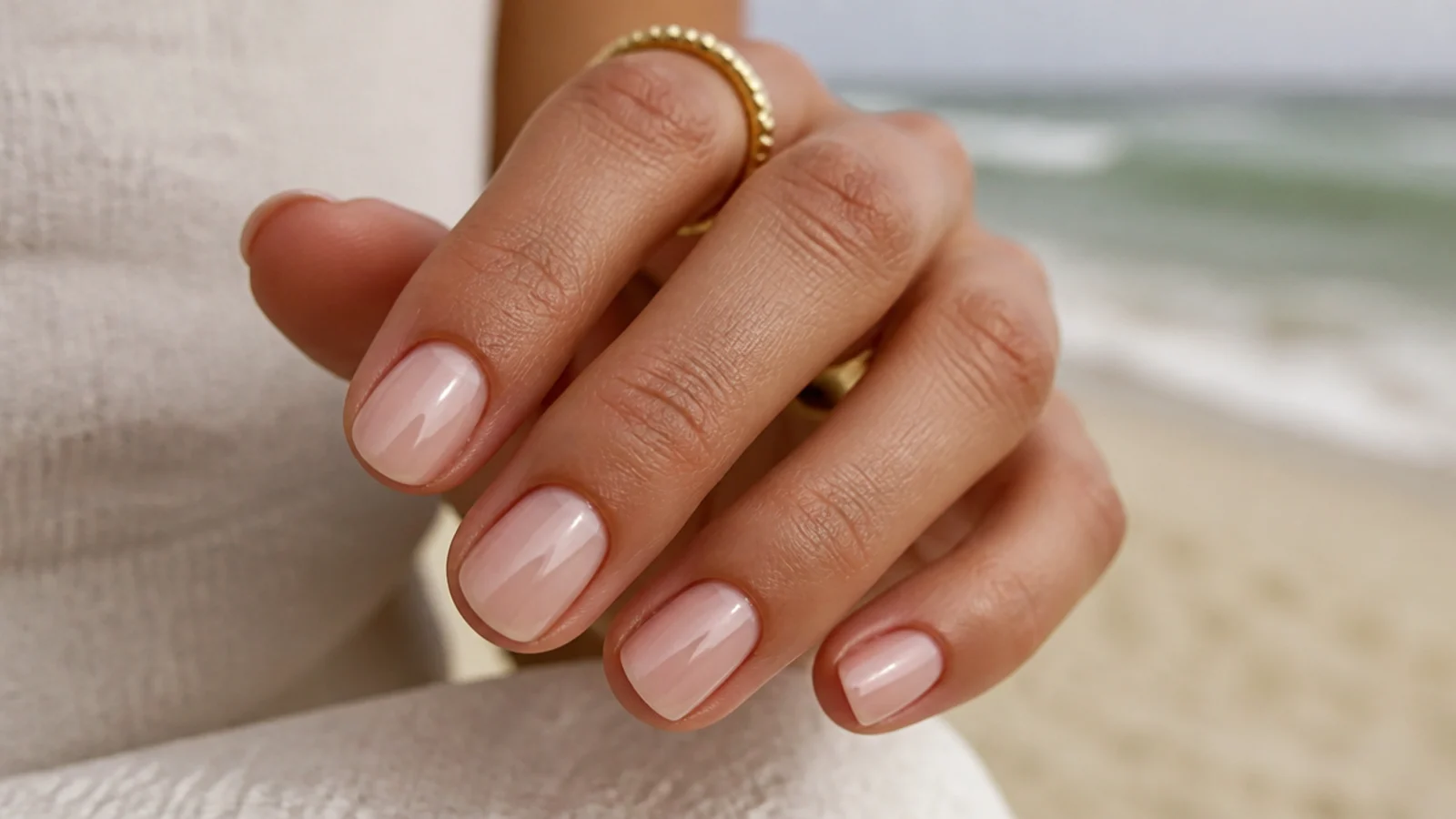 Two thin coats of milky nude polish brushed onto short nails as a beach gradient base