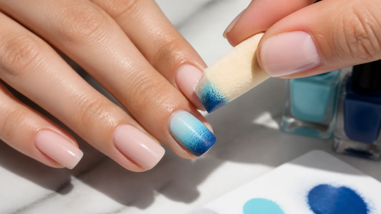 A makeup sponge dabbing turquoise and navy blue into a blended ocean gradient on a nail