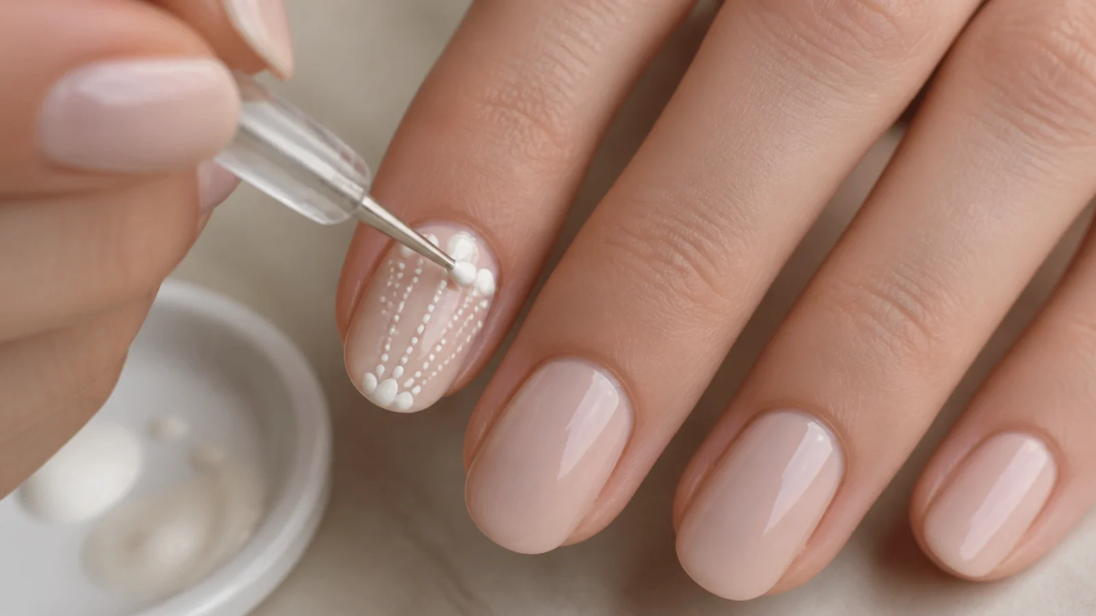 A dotting tool building a scallop shell from graduated cream dots on a single accent nail