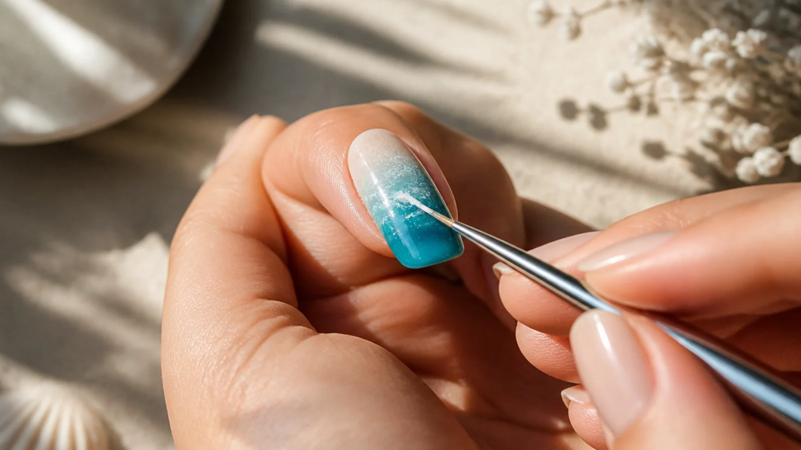 A thin striping brush painting a wavy white foam line across a blue ocean gradient nail