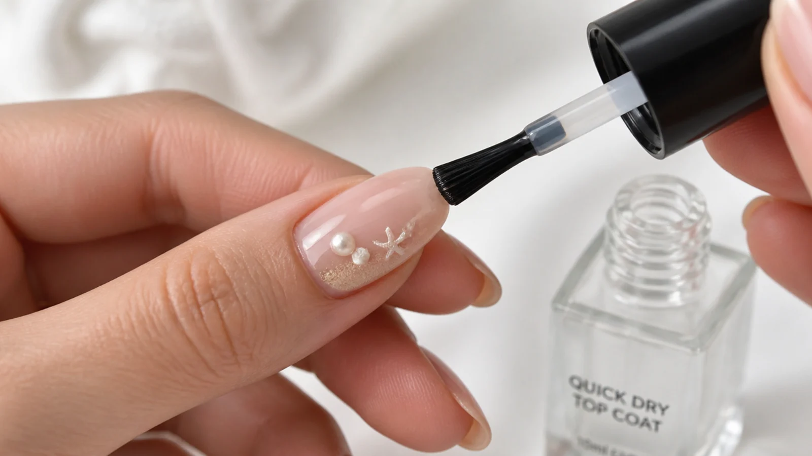 A quick-dry top coat sealing a beach nail with a pearl charm flush to the surface