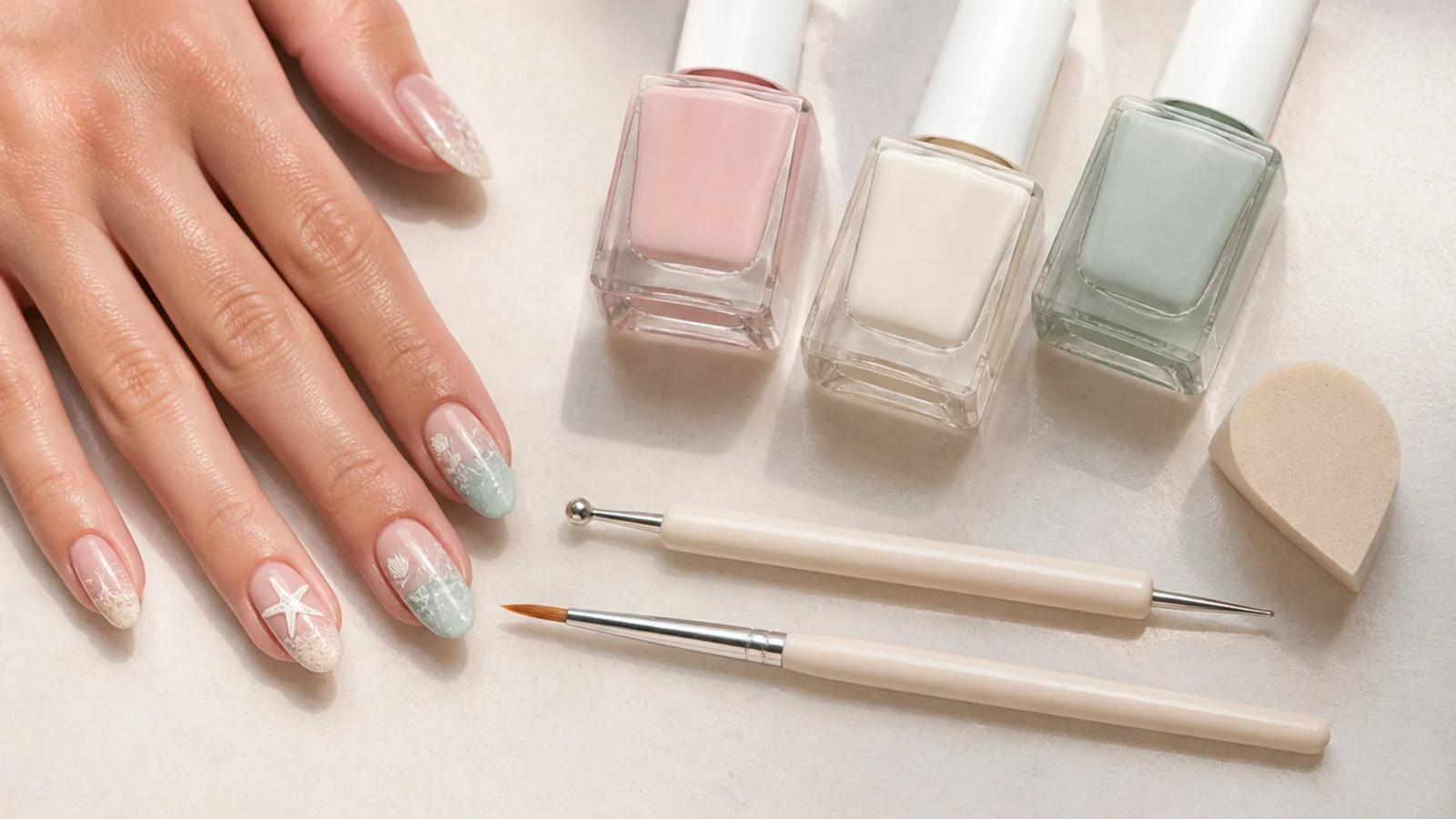 Beach nail art tools laid out, a dotting tool, striping brush, makeup sponge and three polishes