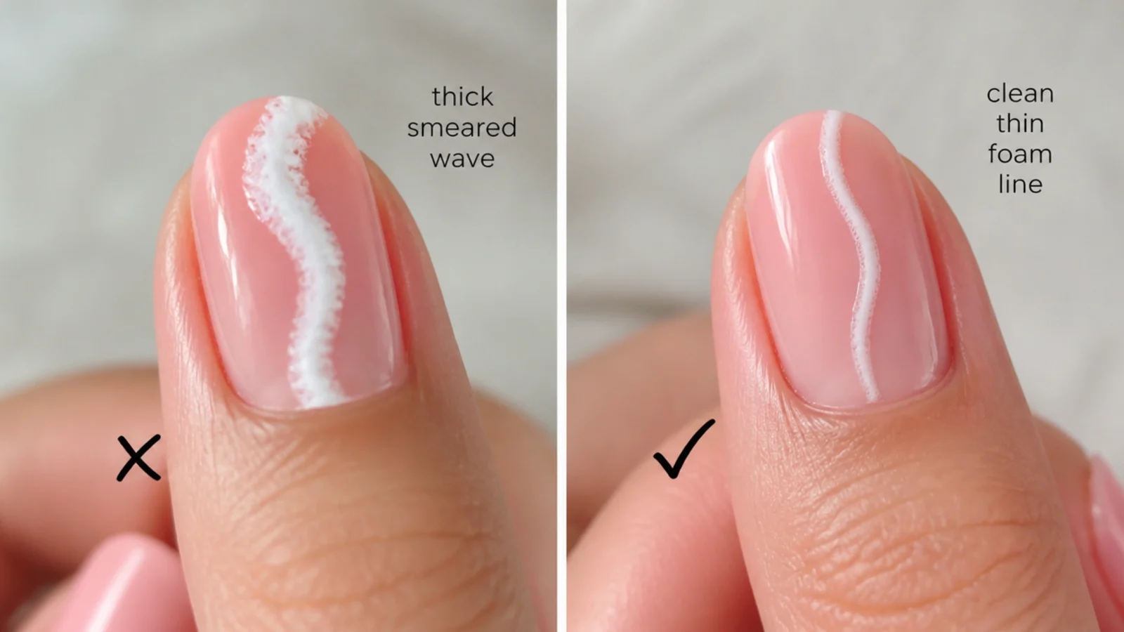 A close up comparing a thick smeared wave line beside a clean thin foam line on a nail