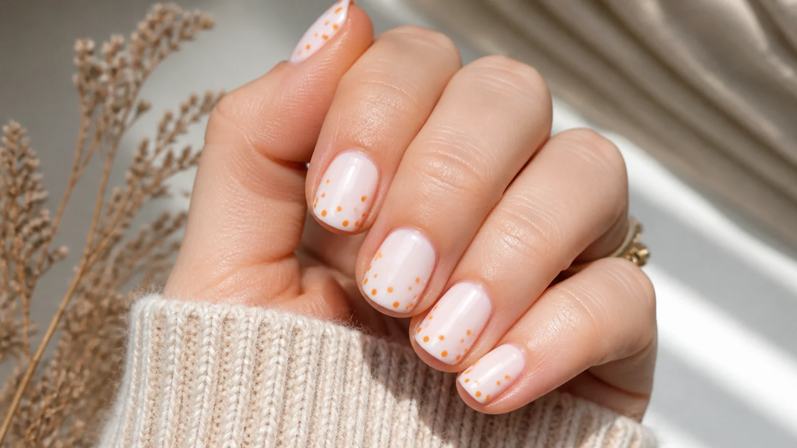 Milky white short nails with small coral orange polka dots scattered across the tips