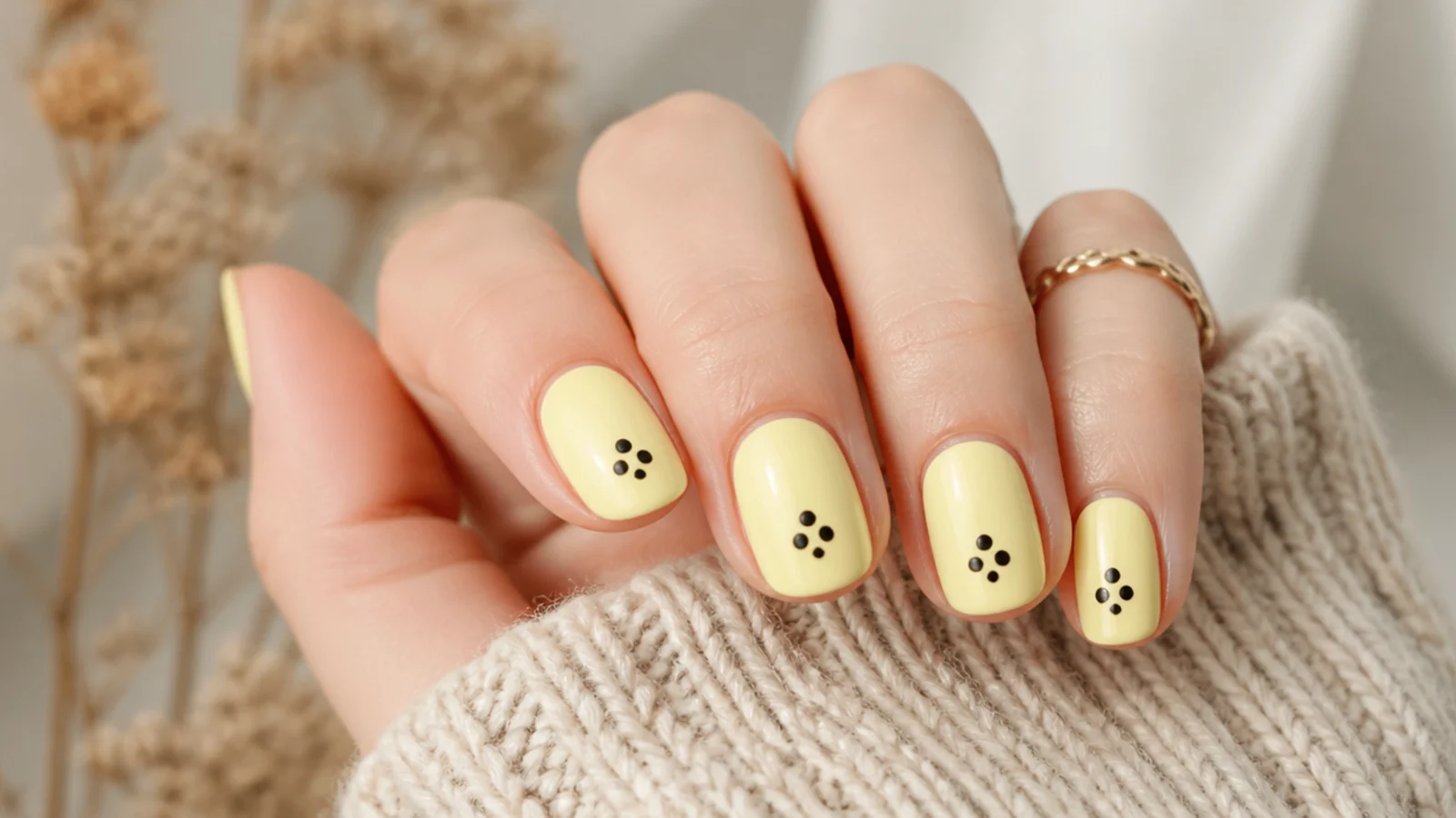 Butter yellow nails with three small black dots arranged in a triangle on each nail