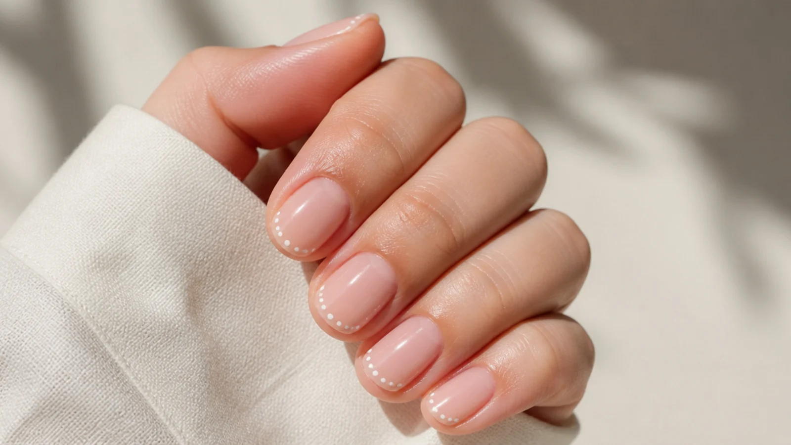 Bare nails with a row of tiny white dots forming a dotted French tip along each free edge
