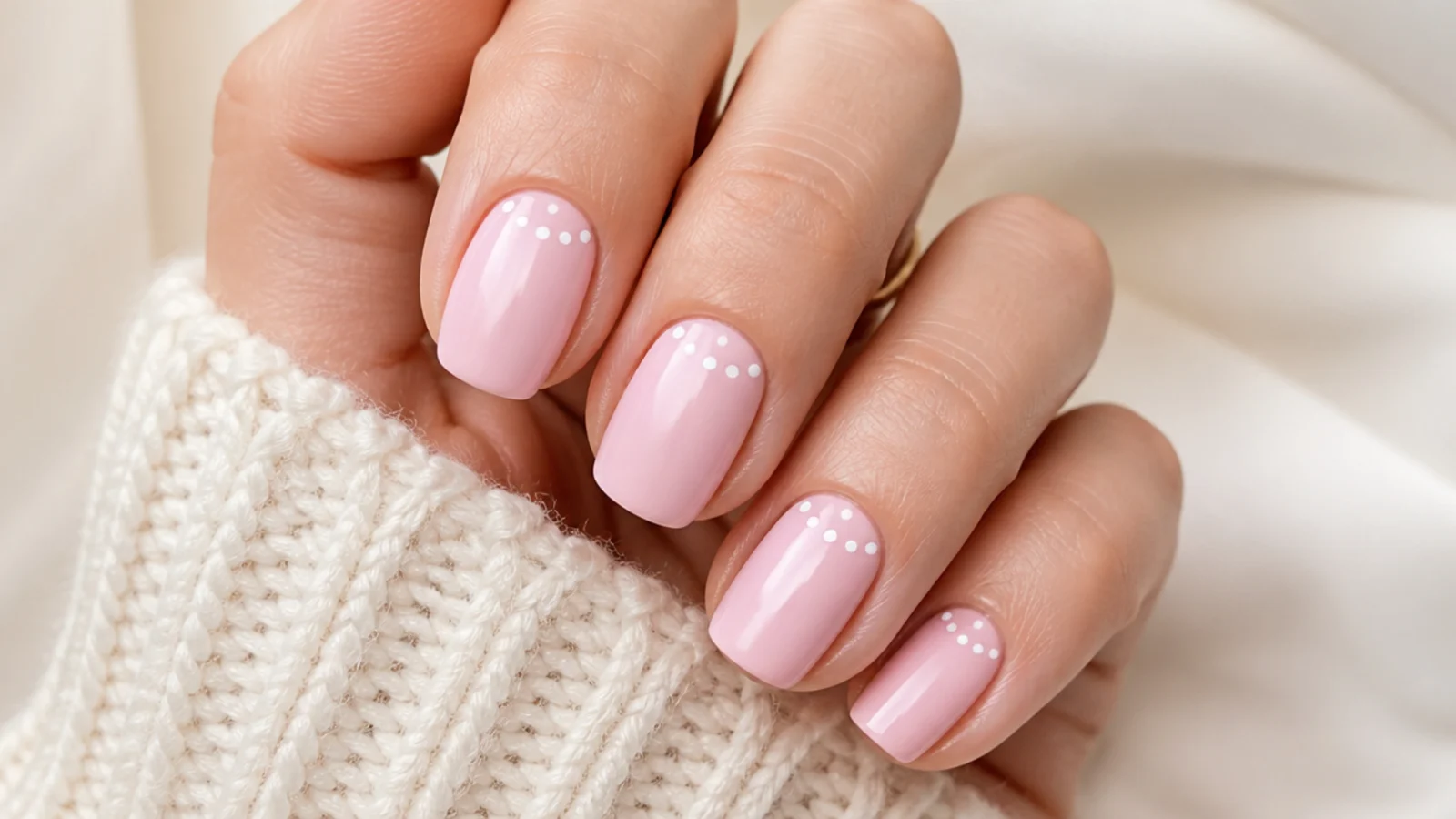 Pale pink nails with a small arc of white dots curving above the cuticle on each nail