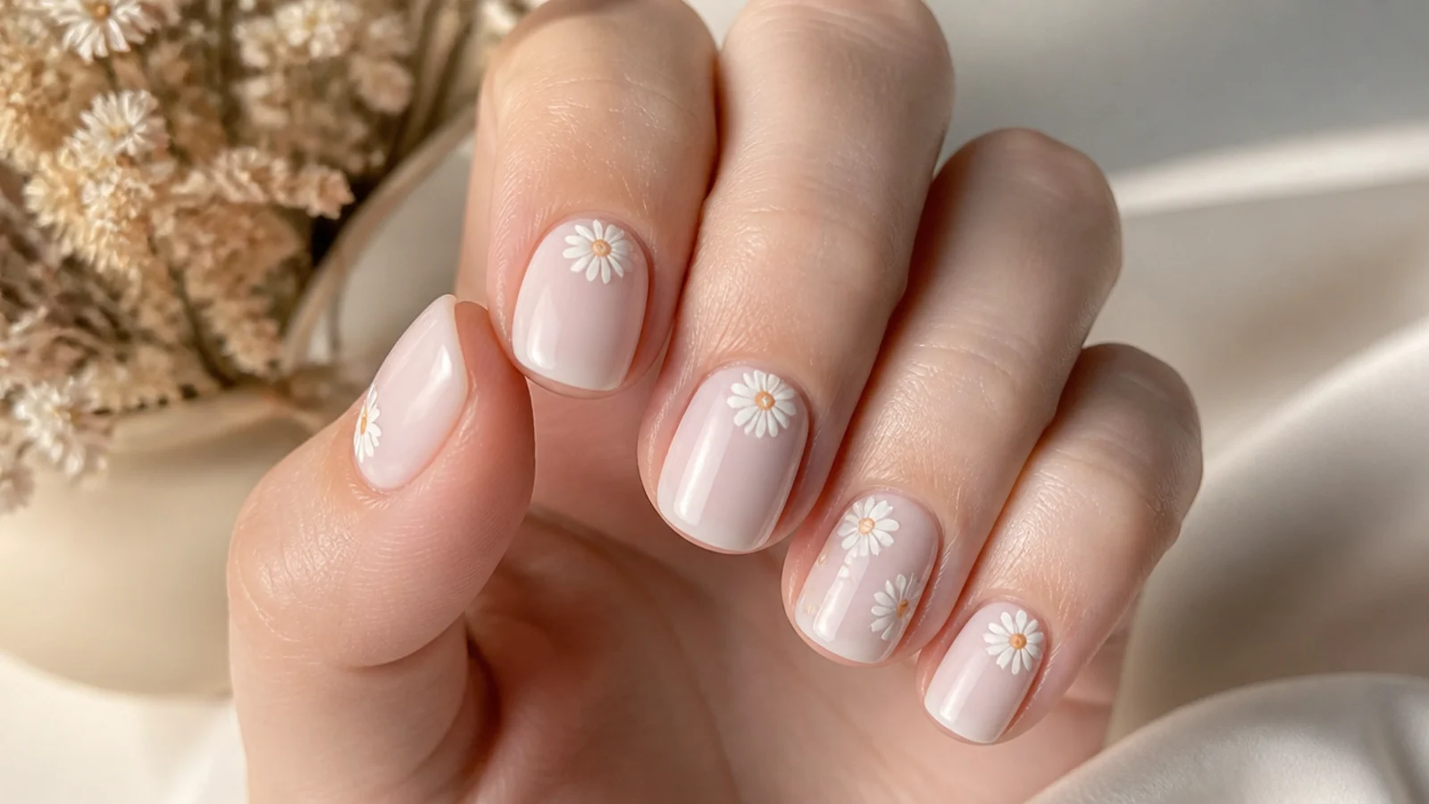 Milky white short nails with small white daisies and yellow centers painted with a dotting tool