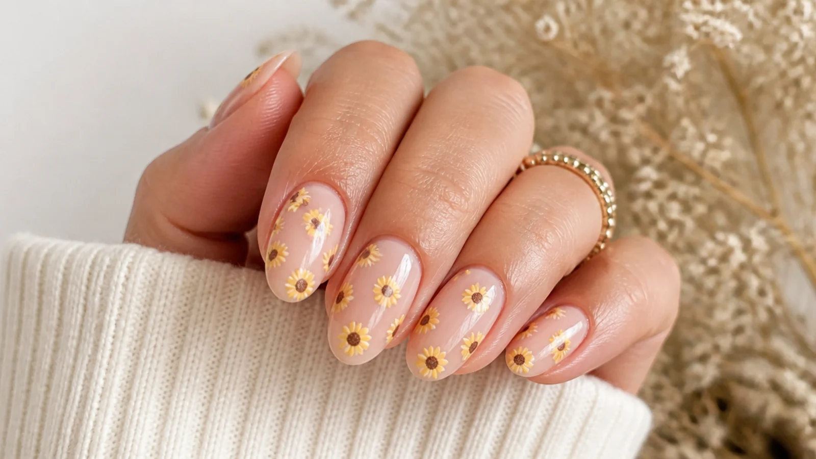 Nude nails with small yellow sunflowers with brown centers painted using a dotting tool
