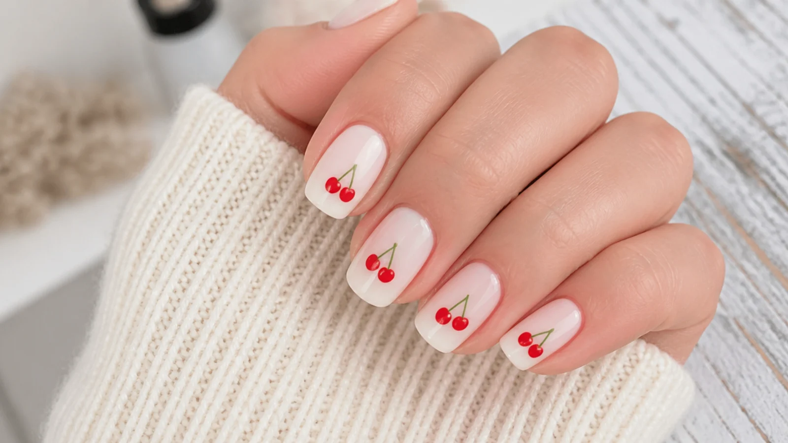 Milky white nails with pairs of red cherry dots joined by thin green stems