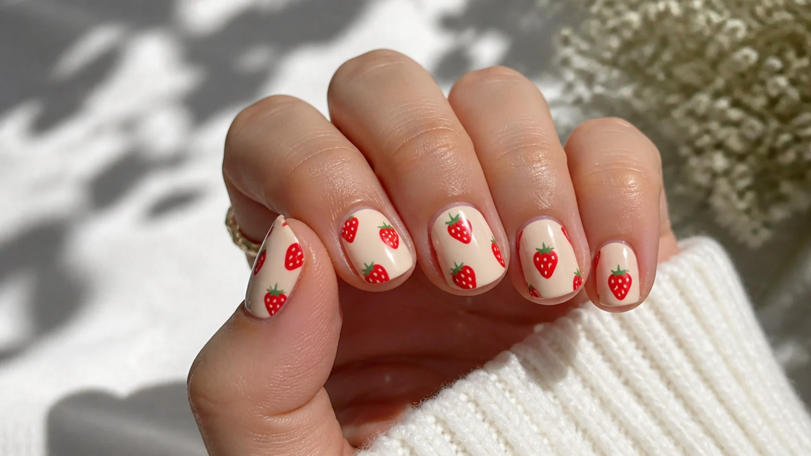 Short nails with red strawberry shapes and tiny white seed dots on a cream base